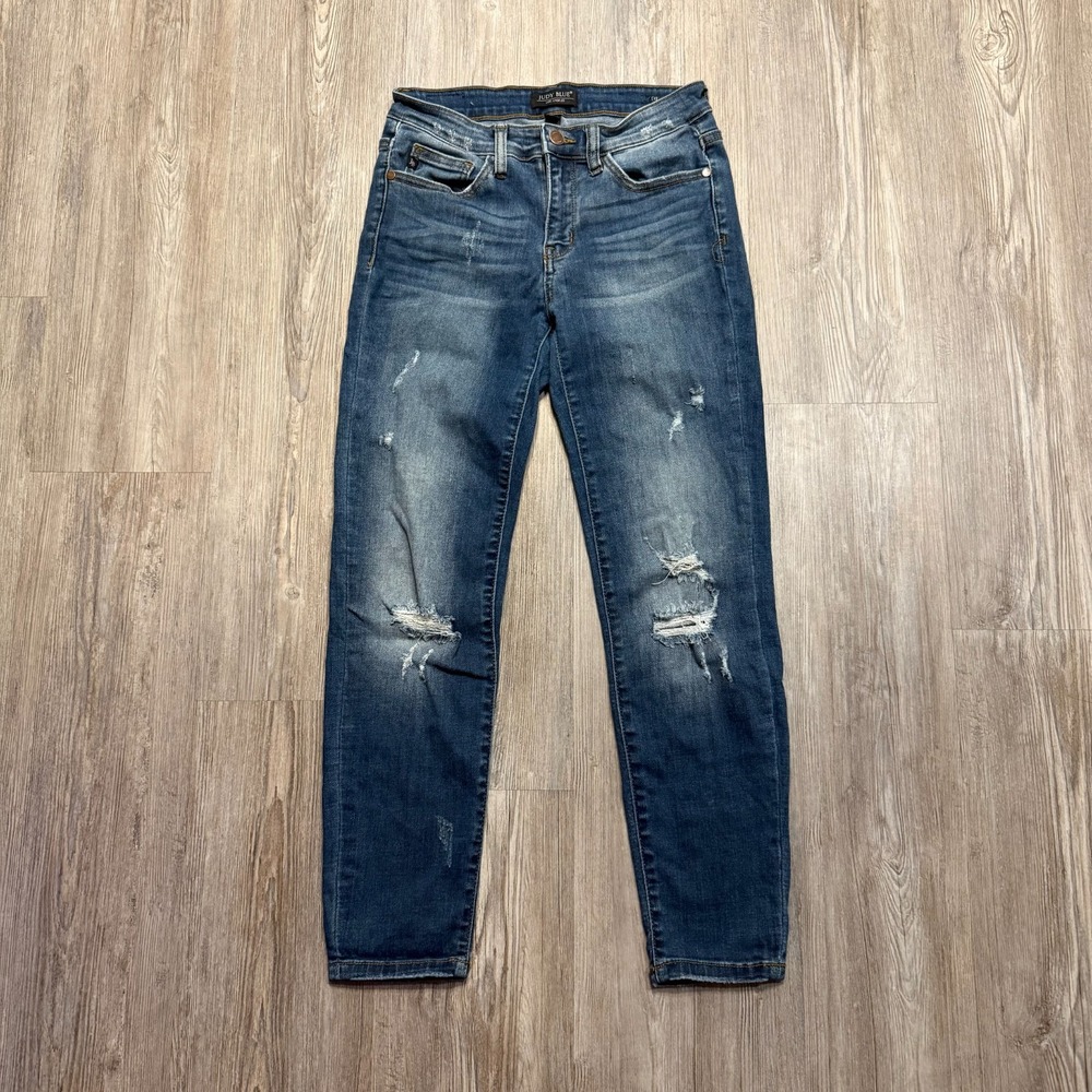 Judy Blue Womens 7/28 Relaxed Fit Mid Rise Distressed‎ Jeans